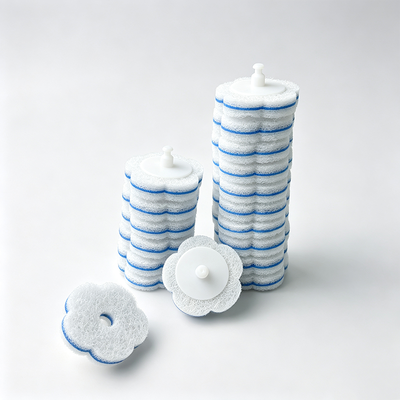 Disposable sponge replacement head scouring pad with built-in cleaning solution