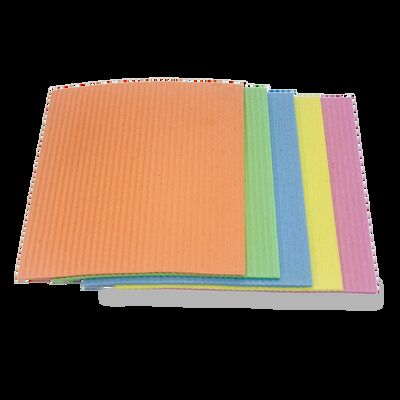 Brightly colored compostable wood pulp cleaning cloths, highly absorbent and reusable cellulose dishcloths, suitable for kitchen, bathroom and household cleaning.