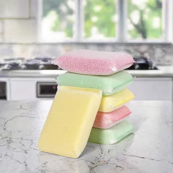 Polyester-Wrapped Kitchen Sponge: Durable Outside, Soft Absorbent Core Inside.