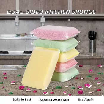 Polyester-Wrapped Kitchen Sponge: Durable Outside, Soft Absorbent Core Inside.