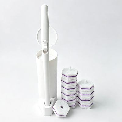 Complete Toilet Brush Set Snap On Replacement Heads With Built In Cleaner For Hygiene