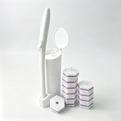 Complete Toilet Brush Set Snap On Replacement Heads With Built In Cleaner For Hygiene