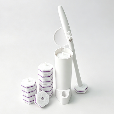 Complete Toilet Brush Set Snap On Replacement Heads With Built In Cleaner For Hygiene