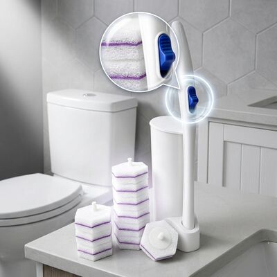 Flushable Disposable Toilet Brush with No Touch Hygienic Cleaning and Wall Mount Leak Proof Holder