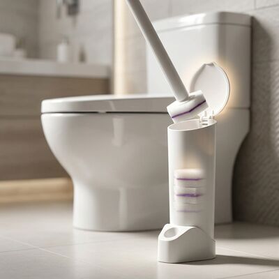 Flushable Disposable Toilet Brush with No Touch Hygienic Cleaning and Wall Mount Leak Proof Holder