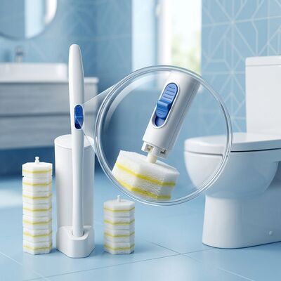 Biodegradable Disposable Toilet Brush with Compostable Cornstarch Fiber Head and Recycled Wheat Straw Handle for No Touch Cleaning